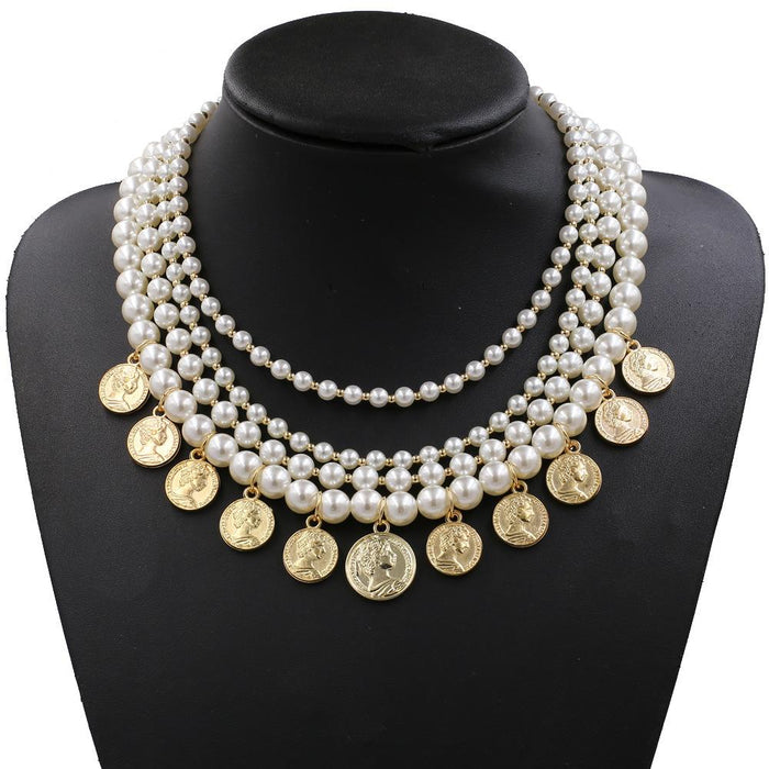 Antique Jewelry Imitation Pearl with Golden Coin Necklace