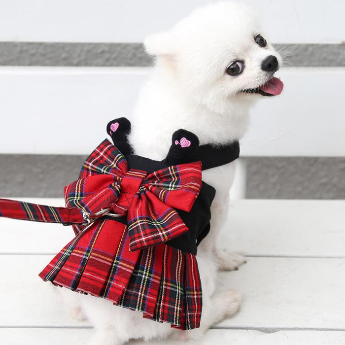 College Plaid Dog Dresses Harness Leash Suit Pet Clothes