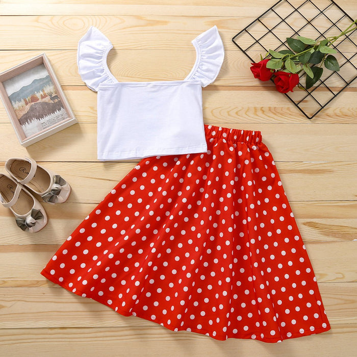 White blouse red dot pleated skirt two piece suit