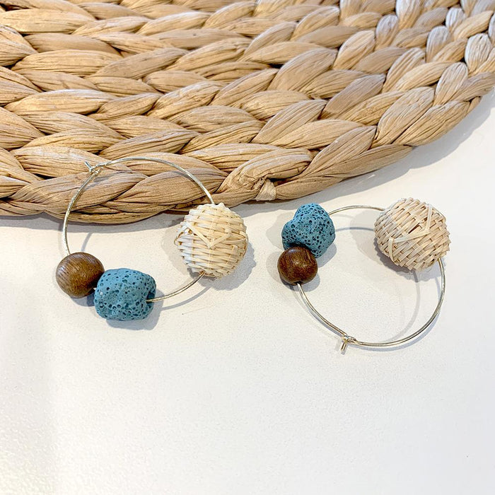 Contrast Color Retro Wood Bead Stone Rattan Earrings