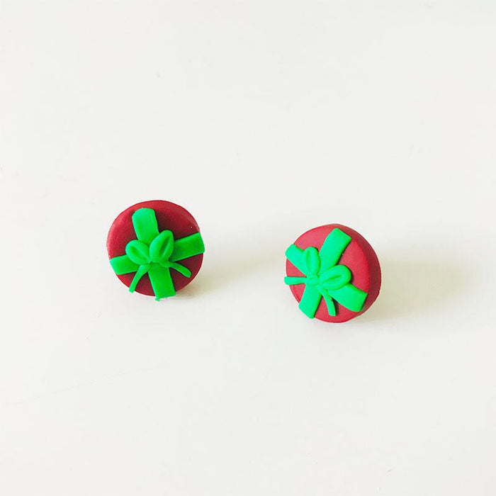 Green Gift Box Snowman Leaf Clay Knot DIY Stud Earrings