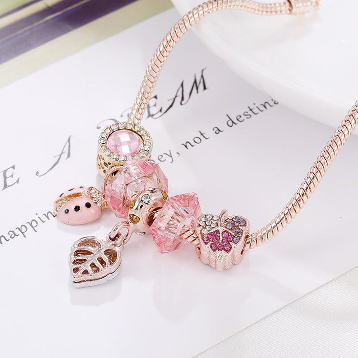 Rose Gold ladybird Pendant Pink Bracelet