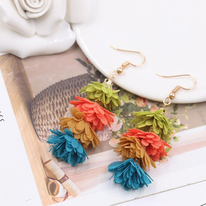 Women's Fashion Simple Fabric Flower Tassel Earrings
