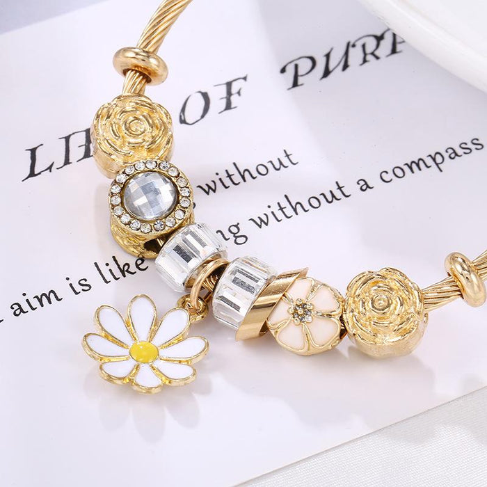 Open Stainless Steel Titanium Bracelet Flower Sunflower Pendant