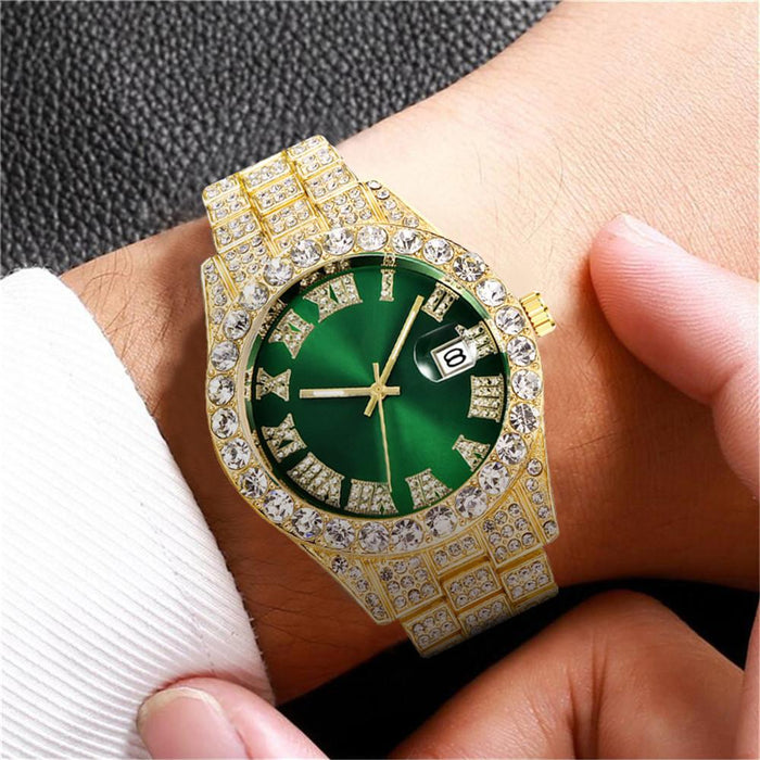Stainless Steel Watch Big Rhinestone Men's Roman Scale Calendar Hip-hop Watches
