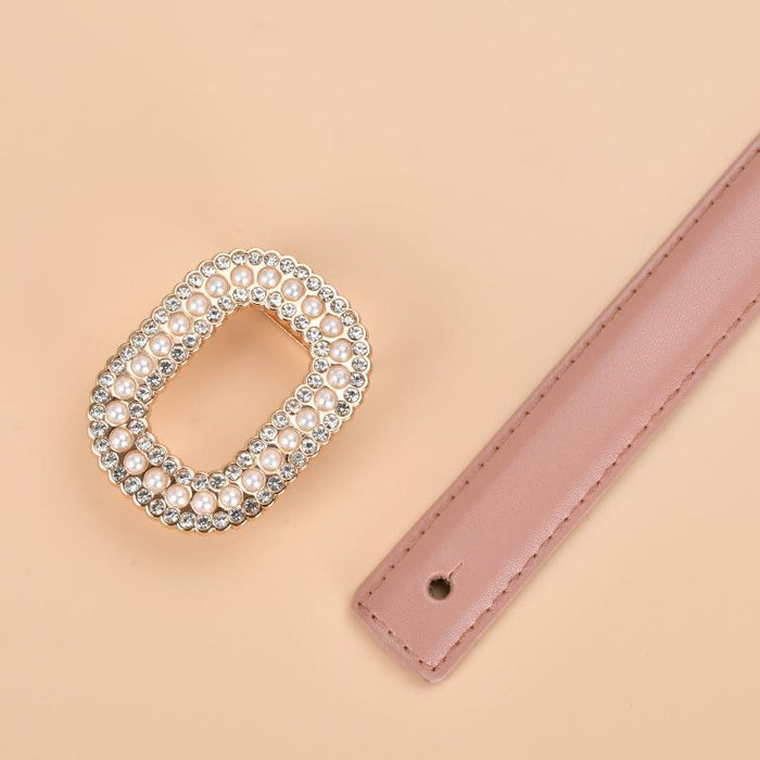 New Women's Inlaid Pearl Rhinestone Round Buckle Leather Belt