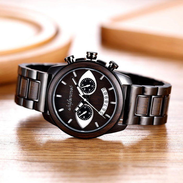 New Men's Wooden Fashion Smiling Face Steel Band Wristwatch