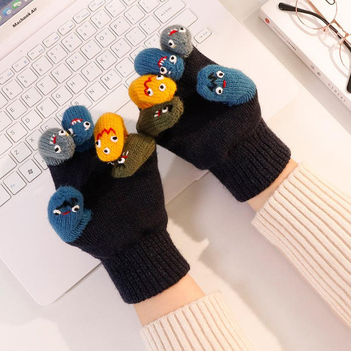 Knitted wool gloves women cute cute cute funny face Japanese autumn and winter touch screen warm five fingers driving cold