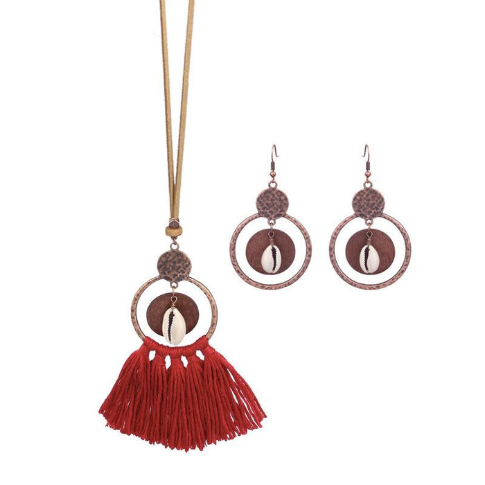 Women's Fashion Hollow Out Tassel Pendant Earring Necklace Set