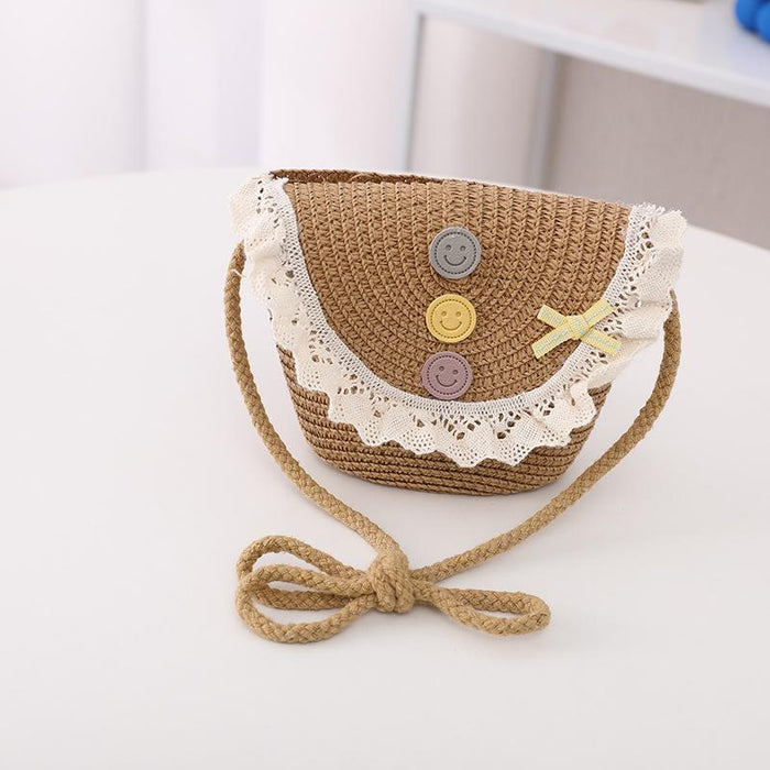 Trendy Three-color Button Children's Lace Straw Hat Bag Set