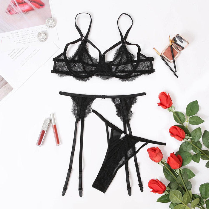Sexy Eyelashes Lace Underwear Three-piece Set for Women