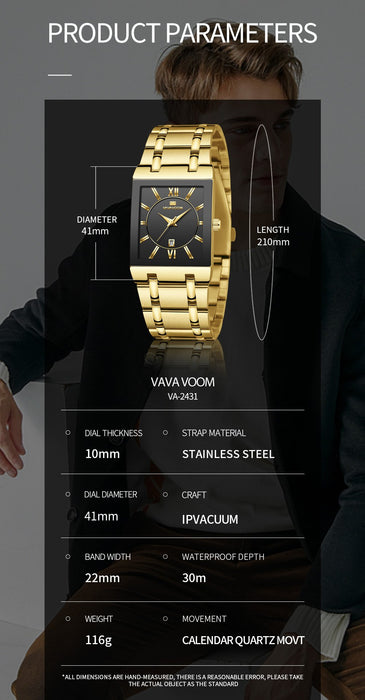 Simple Design Fashion Rectangular Black Gold Stainless Steel Calendar Waterproof Quartz Men Watches