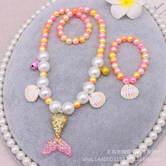 Children's Beauty Fishtail Pearl Necklace Bracelet Ring Earring Set