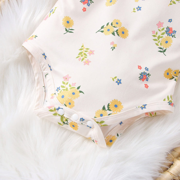 Small broken flower full printing fly sleeve ha Yi asshole pants calf socks four piece children's suit