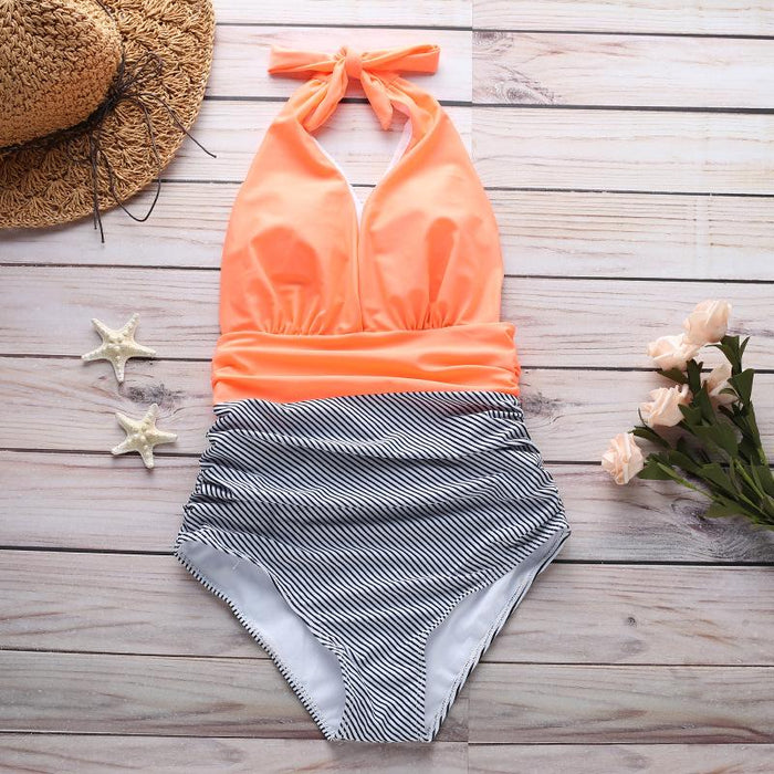 Sexy Stripe Deep V-neck One-piece Bikini Swimsuit