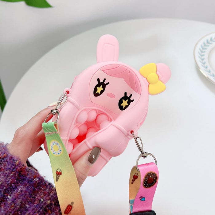 Oblique cross children's coin purse pink doll bow press toy