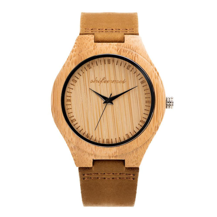 Men's Fashion Simple Bamboo Wood Watch Classic Leather Strap Quartz Watch