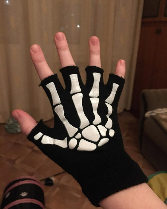 New Punk Unisex Halloween Skeleton Skull Half Finger Gloves