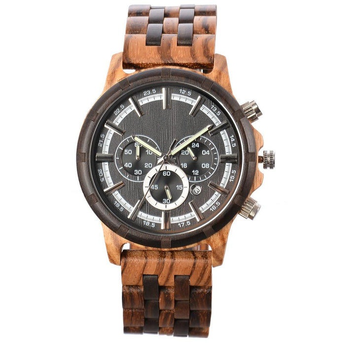 New Men's Multifunctional Business Luminous Large Dial Wood Quartz Watch