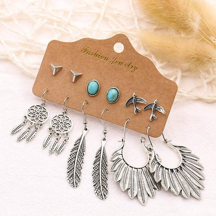 Vintage Long Tassel Leaf Feather Earring Set Jewelry