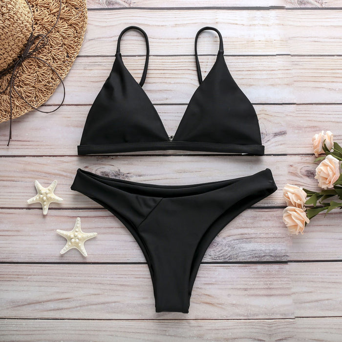 Sexy Split Solid Color Swimsuit Bikini Set