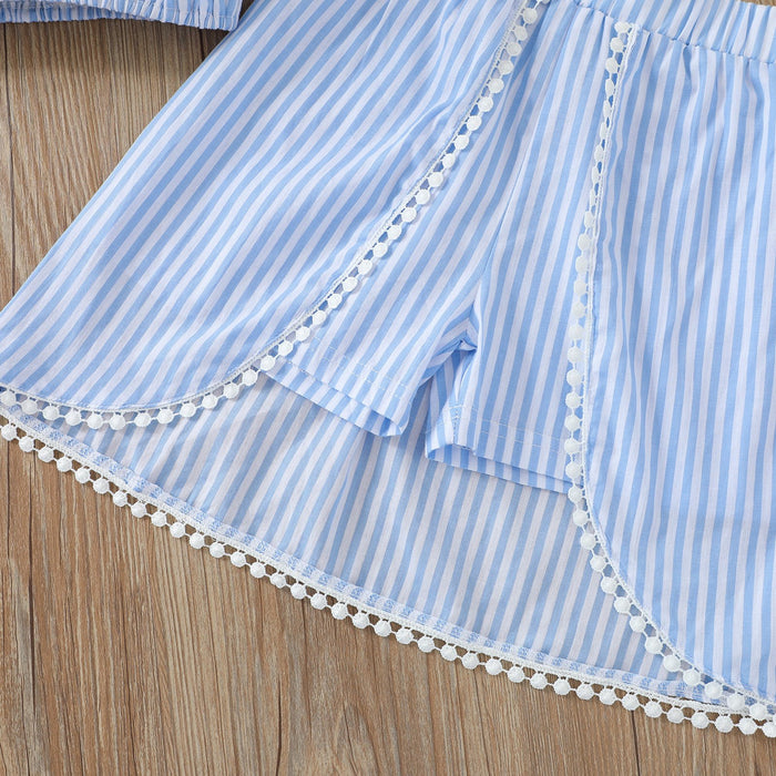 Suspender sky blue double layer tassel ball top striped skirt pants