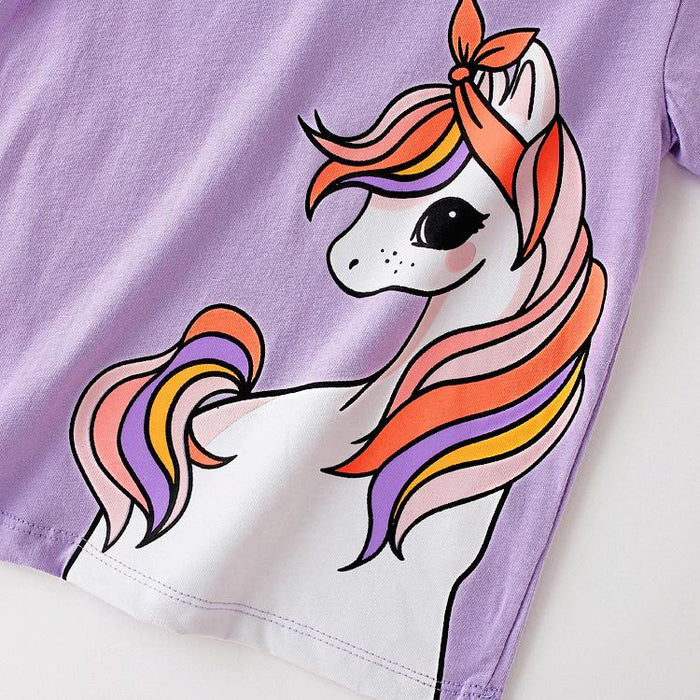 Girls' cartoon cotton short sleeve round neck T-shirt