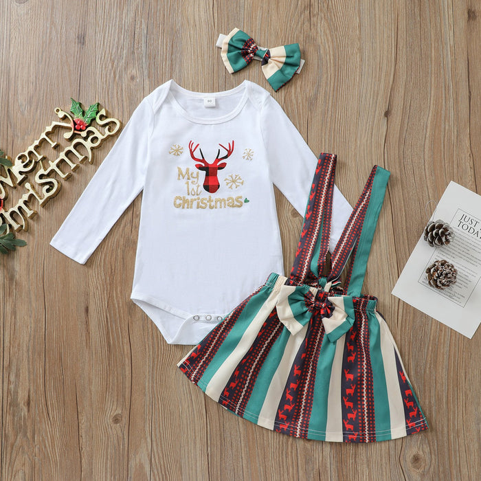 White letter deer long sleeved Khaki creeper striped suspender skirt