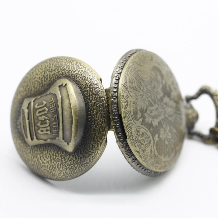 Bronze Pocketwatch Vintage ACDC Hells Bell Theme Quartz Pocket Watch Necklace Pendant For Men Children Gifts