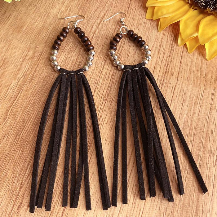 Western Style Pine Stone Bead Leather Large Long Earrings