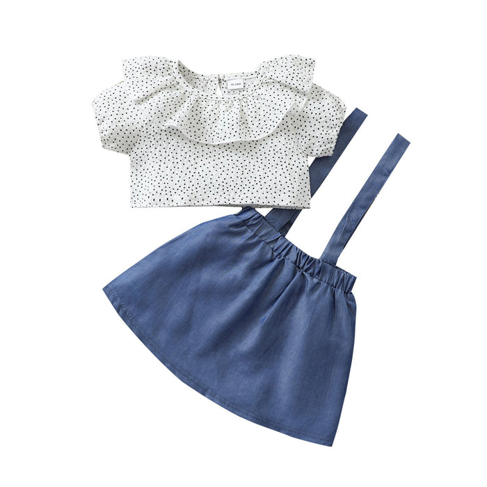 Polka Dot lotus leaf collar short sleeve top doll shirt short shirt blue strap skirt suit