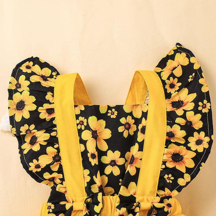 Cute Baby Children's Yellow Flower Jumpsuit With Headband