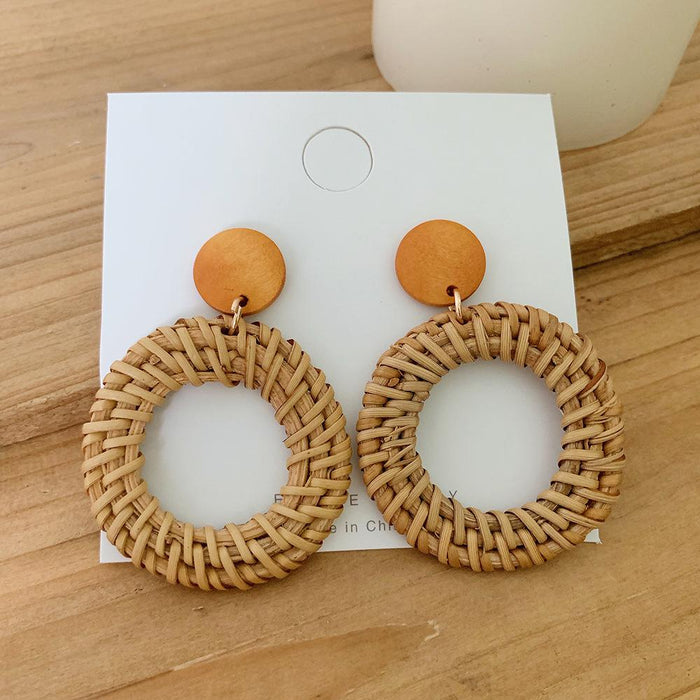 Wooden Handmade Rattan Geometric Earrings Female