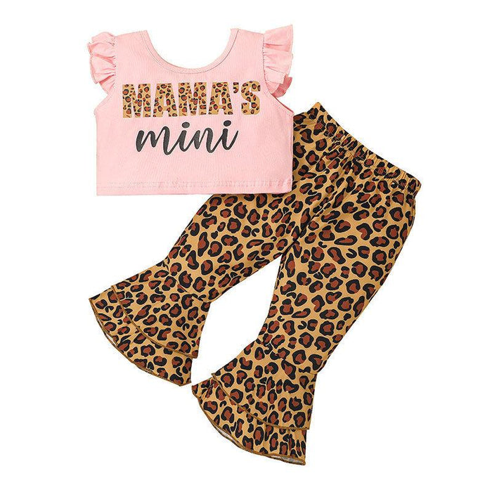 Letter flying sleeve vest leopard print two piece set