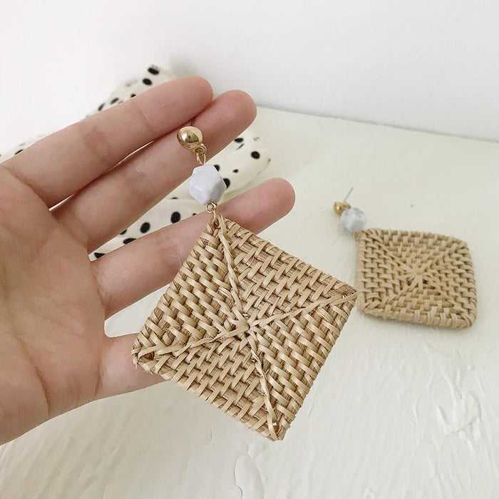 Vintage Exaggerated Geometric Square Rattan Woven Holiday Style Earrings Jewelry