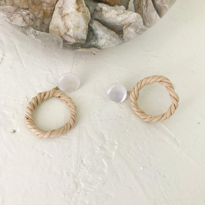 Summer Vacation Water Drop Circular Rattan Earrings