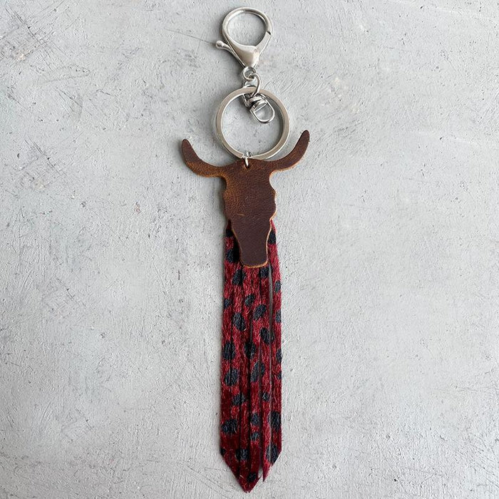 Western Leather Key Chain Texture Ox Head Leopard Fringe Pendant