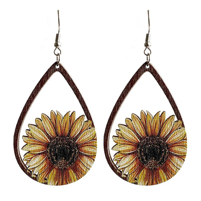 Fashion Drop Shape Sunflower Wooden Women's Earrings