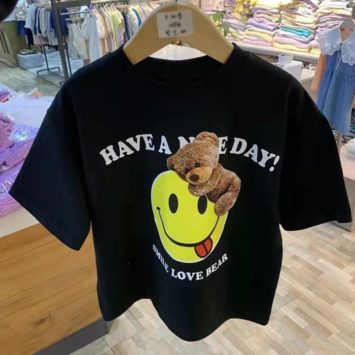 Smiling face round neck cotton T-shirt 3-8 years old children