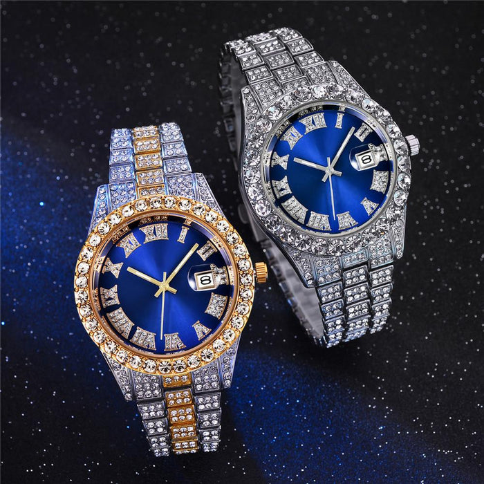 Stainless Steel Watch Big Rhinestone Men's Roman Scale Calendar Hip-hop Watches
