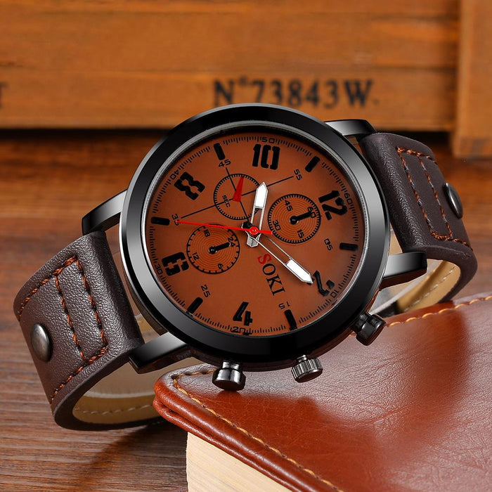 Fashion Mens Leather Strap Big Dial WristWatch Casual Quartz Sport Male Clock