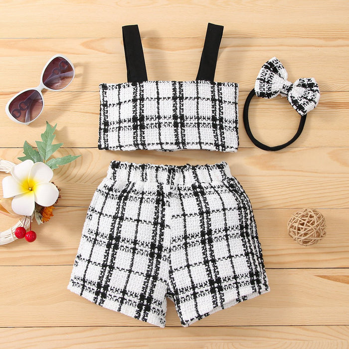 Suspender small fragrant wind Plaid Shorts baby three piece set