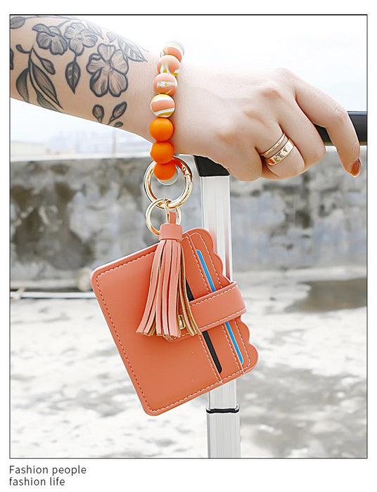 Silicone Leather PU Tassel Card Bag Bracelet Keychain