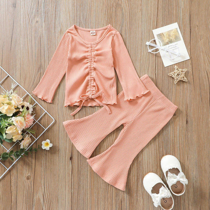 Multicolor pit lace up long sleeved top flared trousers