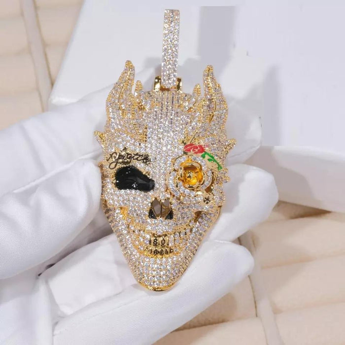 Rock Punk Men CZ Big 3D Shaped Skull Necklace