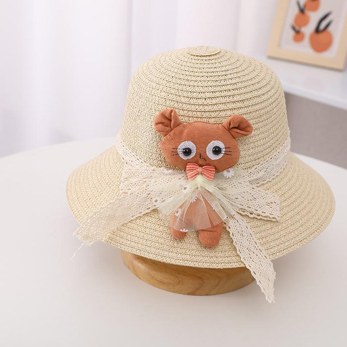 Summer Trendy Lace Cat Children's Grass Bucket Hat Bag Set