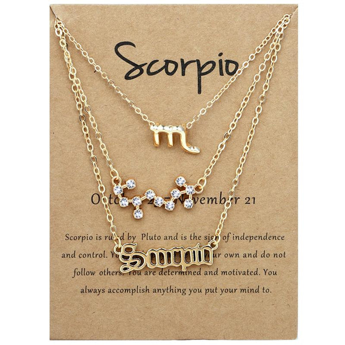 Twelve Constellations Retro Alphabet Symbol Diamond Set Three Piece Necklace