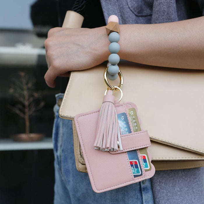 Silicone Leather PU Tassel Card Bag Bracelet Keychain