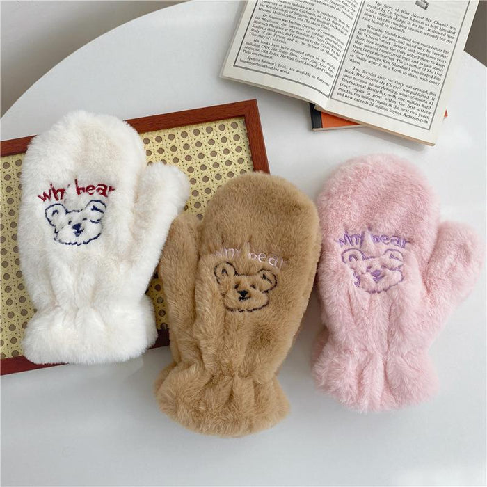 Bear Embroidery Soft Plush Gloves Women Winter Warm