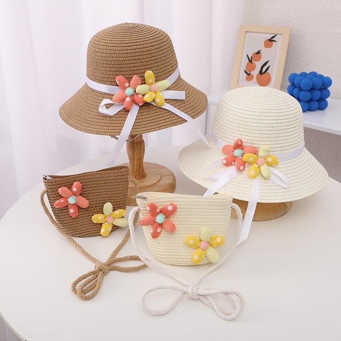 Summer Trendy Flower Streamer Children's Straw Hat Bag Set